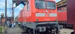 BR 112 148 steht beim Sommerfest in BW Schneweide.